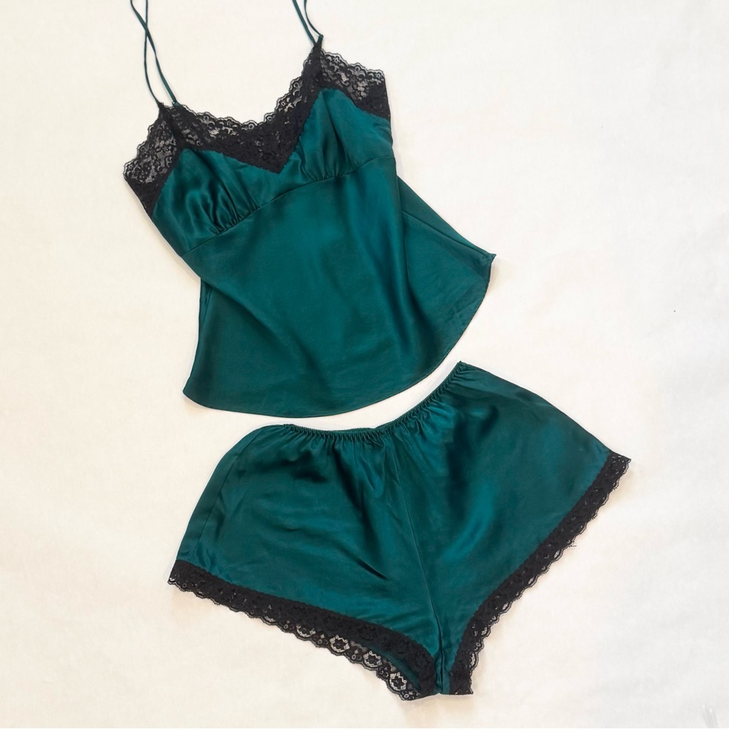 90s Victoria’s Secret Silk Green Black Lace Camisole Shorts 2pc Pj Cami Top Set